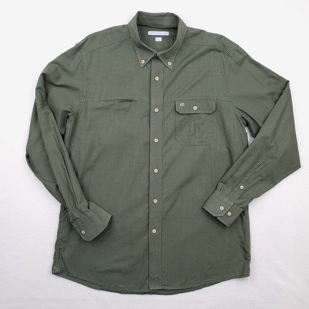Southern Tide Shirt‎ Mens Large Green Graph Check Button Down Classic Fit LS